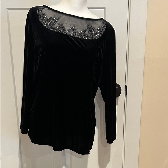 Bob Mackie Black Velvet Blouse with Sheer Beaded Neckline - Picture 1 of 4